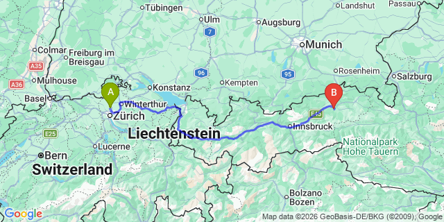 Map: Zurich Airport (ZRH) to Niederau Wildschonau