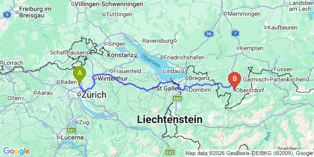 Map: Zurich Airport (ZRH) to Oberstdorf