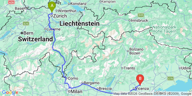 Map: Zurich Airport (ZRH) to Passo San Pellegrino