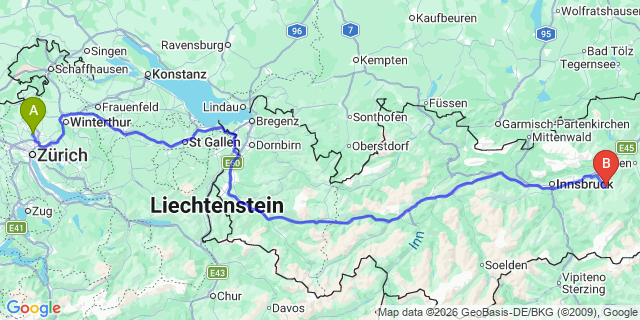 Map: Zurich Airport (ZRH) to Pertisau am Achensee