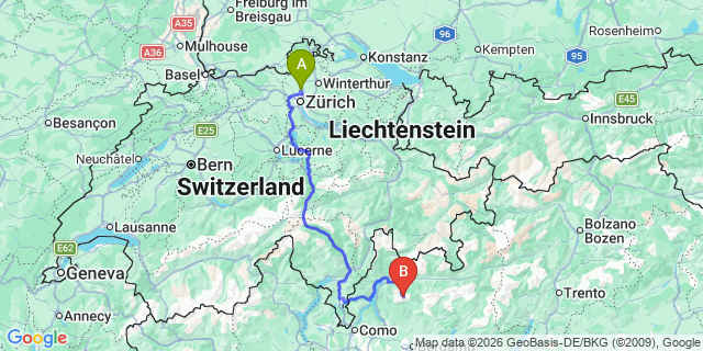 Map: Zurich Airport (ZRH) to Pescegallo