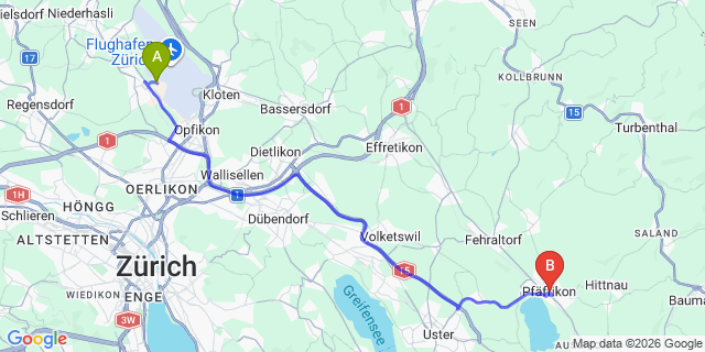 Map: Zurich Airport (ZRH) to Pfaeffikon ZH