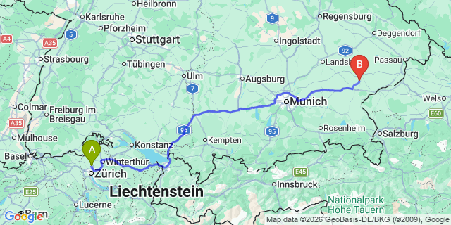 Map: Zurich Airport (ZRH) to Piesendorf