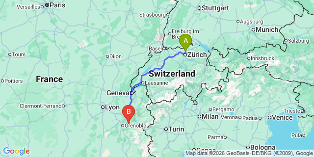 Map: Zurich Airport (ZRH) to Prapoutel