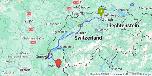 Map: Zurich Airport (ZRH) to Praz sur Arly