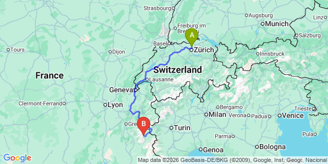 Map: Zurich Airport (ZRH) to Puy Saint Vincent