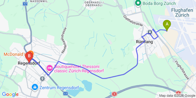 Map: Zurich Airport (ZRH) to Regensdorf