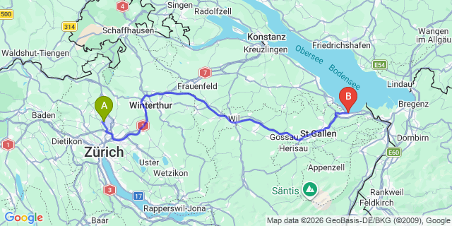 Map: Zurich Airport (ZRH) to Rorschach