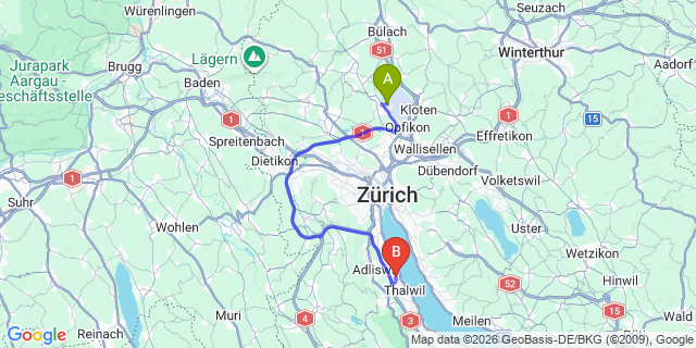Map: Zurich Airport (ZRH) to Ruschlikon