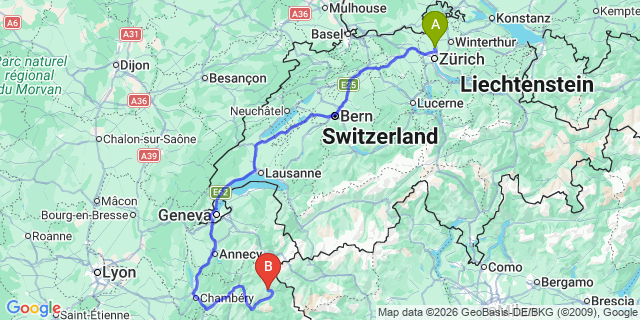 Map: Zurich Airport (ZRH) to Saint-Gervais-les-Bains