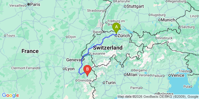 Map: Zurich Airport (ZRH) to Saint-Martin-de-Belleville