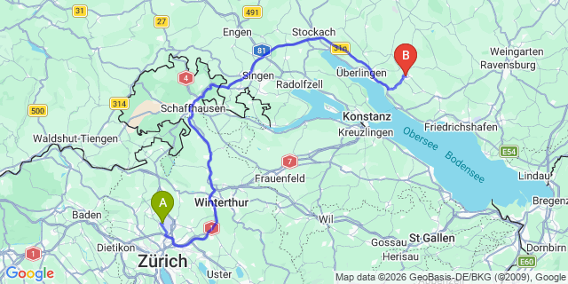 Map: Zurich Airport (ZRH) to Salem