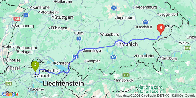 Map: Zurich Airport (ZRH) to Salzburg