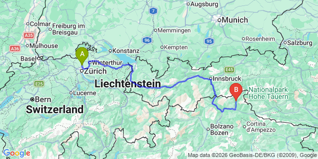 Map: Zurich Airport (ZRH) to Sand in Taufers