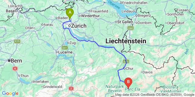 Map: Zurich Airport (ZRH) to Savognin