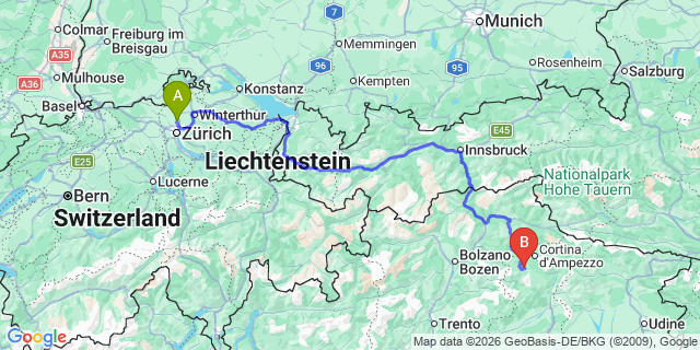 Map: Zurich Airport (ZRH) to Selva di Cadore