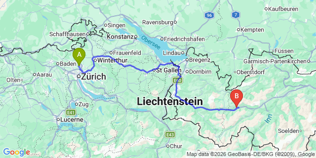 Map: Zurich Airport (ZRH) to St Jakob Landeck