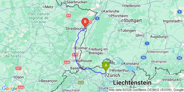 Map: Zurich Airport (ZRH) to Strasbourg