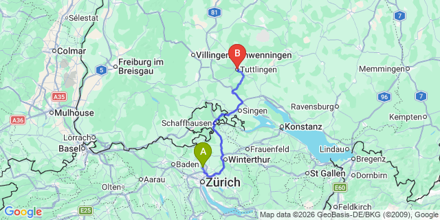 Map: Zurich Airport (ZRH) to Tuttlingen