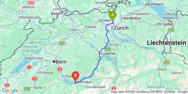 Map: Zurich Airport (ZRH) to Unterseen
