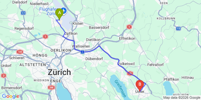 Map: Zurich Airport (ZRH) to Uster