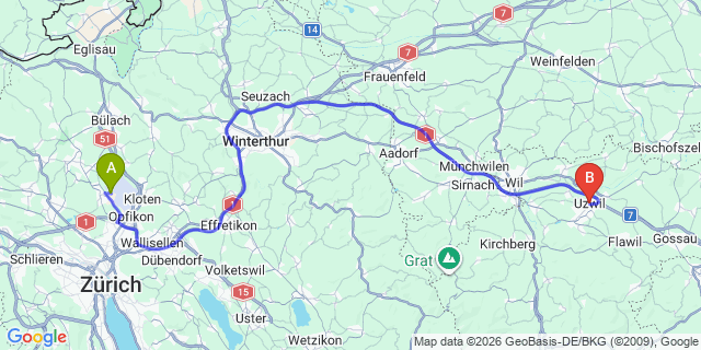 Map: Zurich Airport (ZRH) to Uzwil