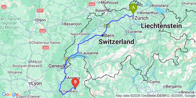 Map: Zurich Airport (ZRH) to Valmeinier