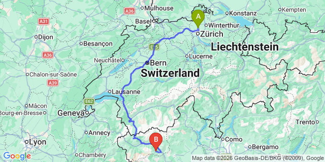 Map: Zurich Airport (ZRH) to Valtournenche