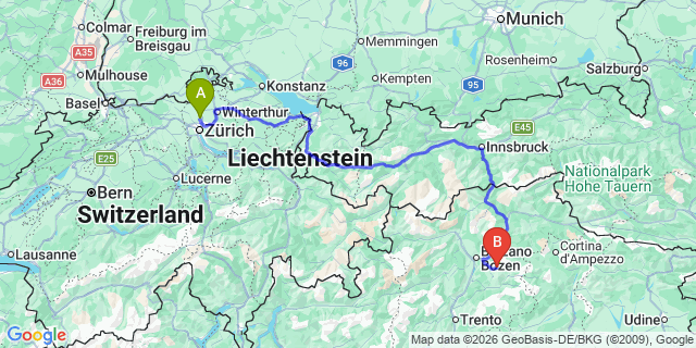 Map: Zurich Airport (ZRH) to Welschnofen