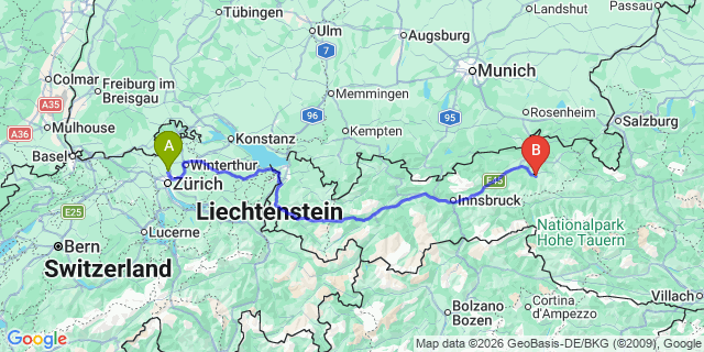 Map: Zurich Airport (ZRH) to Westendorf Skiwelt