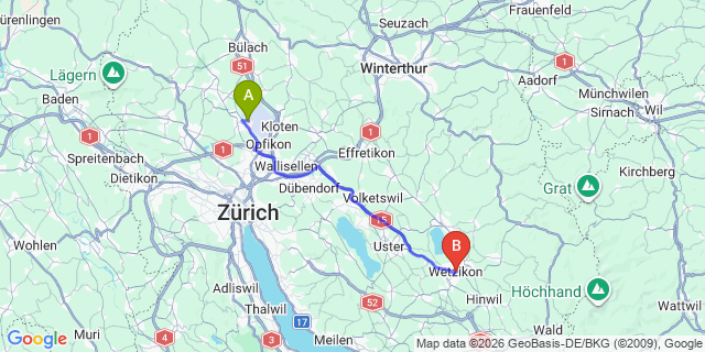 Map: Zurich Airport (ZRH) to Wetzikon