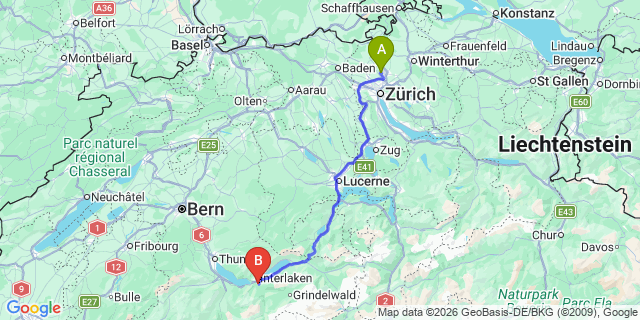 Map: Zurich Airport (ZRH) to Wilderswil Interlaken