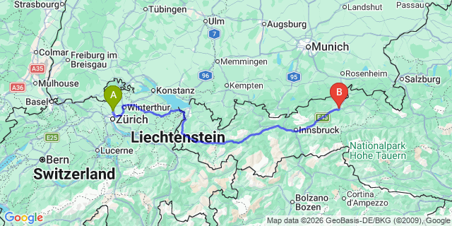 Map: Zurich Airport (ZRH) to Woergl