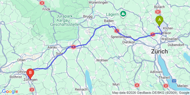 Map: Zurich Airport (ZRH) to Zofingen