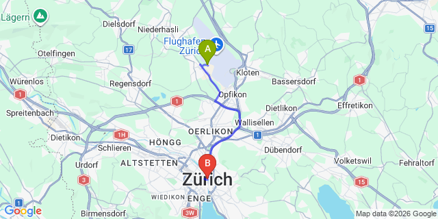 Map: Zurich Airport (ZRH) to Zurich city (all areas)