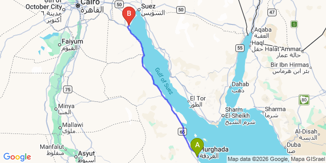 Map: Hurghada Airport (HRG) to Ain Soukhna