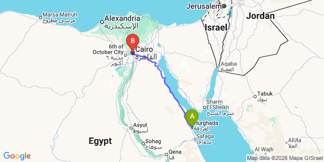 Map: Hurghada Airport (HRG) to Cairo city (all areas)