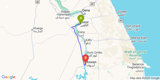 Map: Luxor Airport (LXR) to Aswan