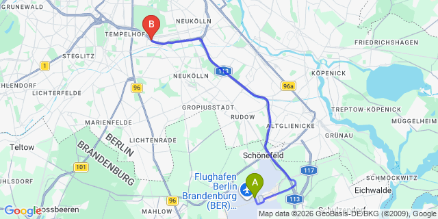Map: Berlin Brandenburg Airport (BER) to Berlin city (all areas)