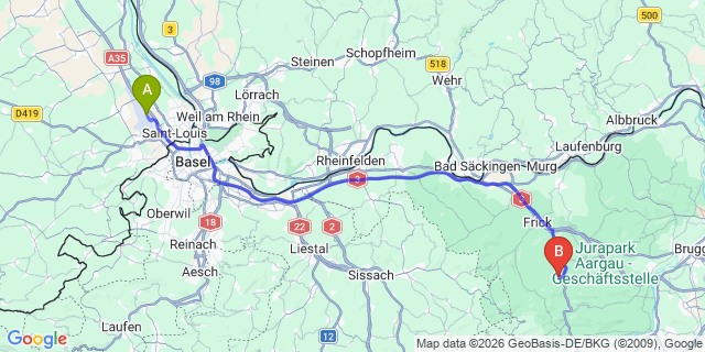 Map: Basel Airport (BSL) to Aarau