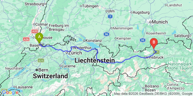 Map: Basel Airport (BSL) to Achenkirch