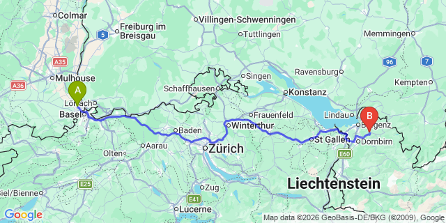 Map: Basel Airport (BSL) to Alberschwende