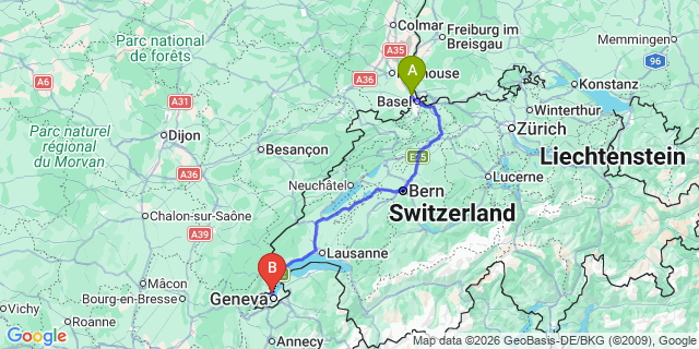 Map: Basel Airport (BSL) to Annecy