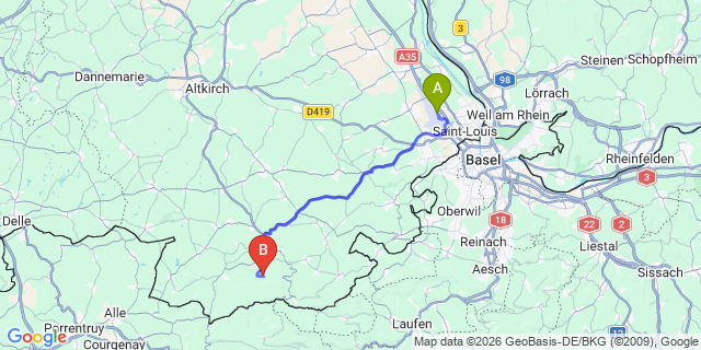 Map: Basel Airport (BSL) to Aosta