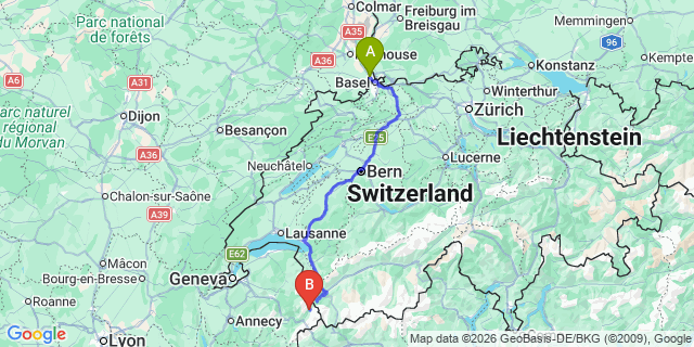 Map: Basel Airport (BSL) to Argentiere