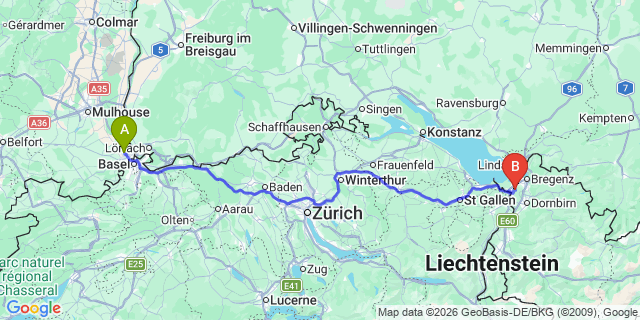 Map: Basel Airport (BSL) to Arosa