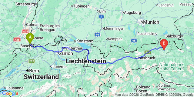 Map: Basel Airport (BSL) to Aurach Kitzbuheler
