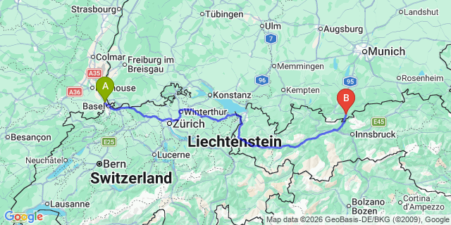 Map: Basel Airport (BSL) to Axamer