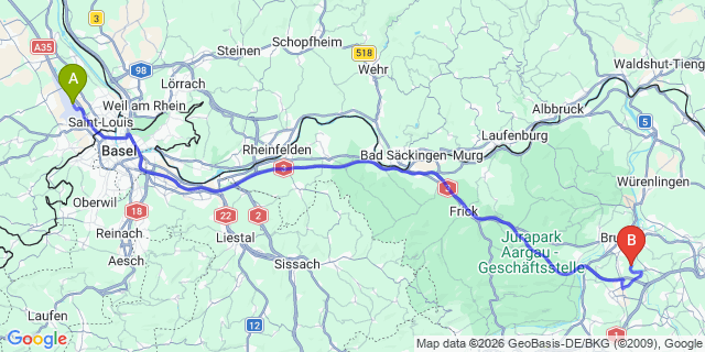 Map: Basel Airport (BSL) to Baden-Baden