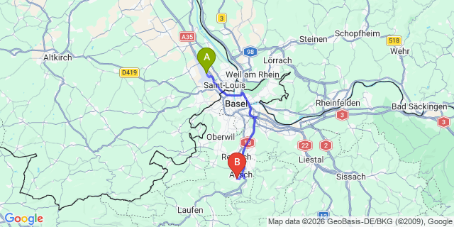 Map: Basel Airport (BSL) to Basel Train Station